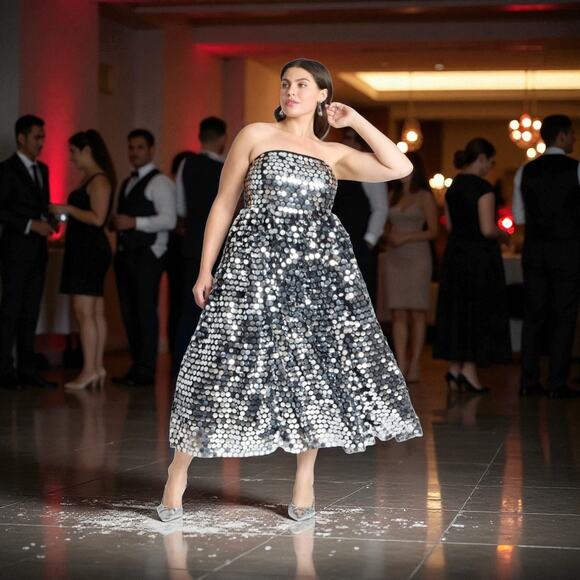 NWT ELOUII Silver Paillette Strapless Dress With Full Skirt $219 Size 18 - Picture 2 of 11